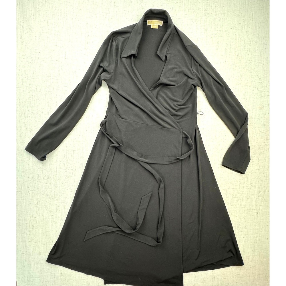 Michael Kors Wrap‎ Dress Womens Medium Black Long Sleeve Collared Office Siren